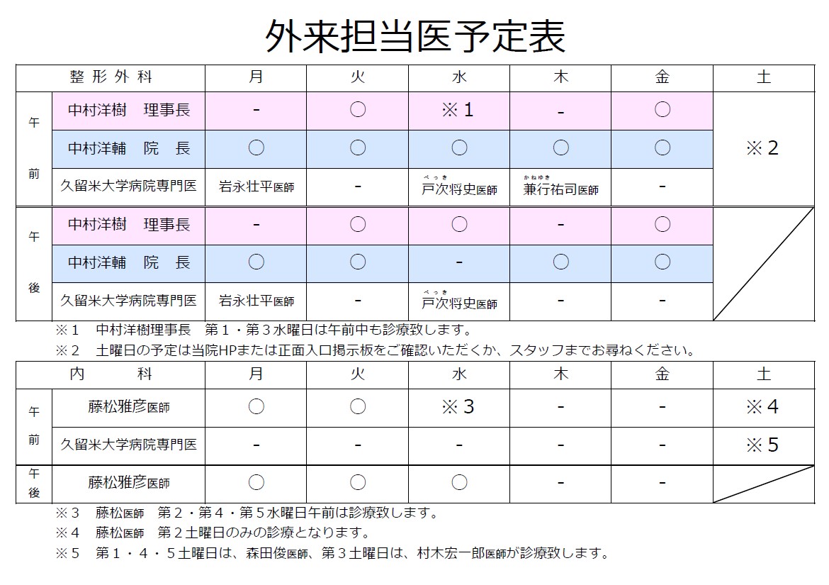外来担当医予定表
